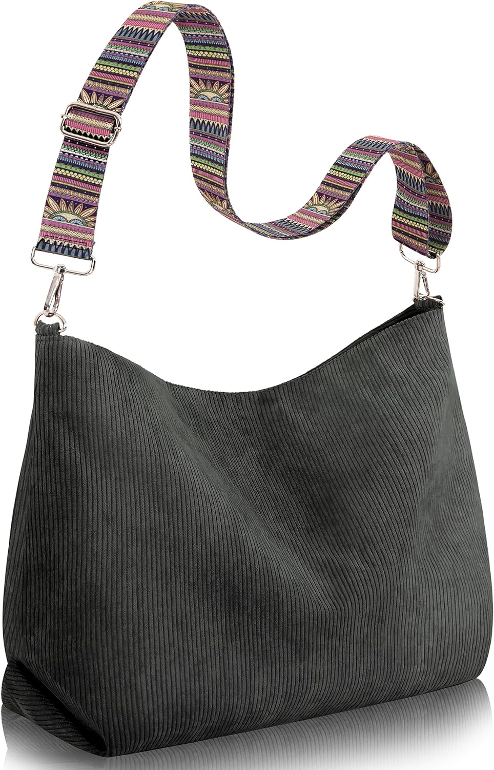 Large Corduroy Shoulder Tote Bag with Zipper and Pockets | GreenLifeHuman Emporium