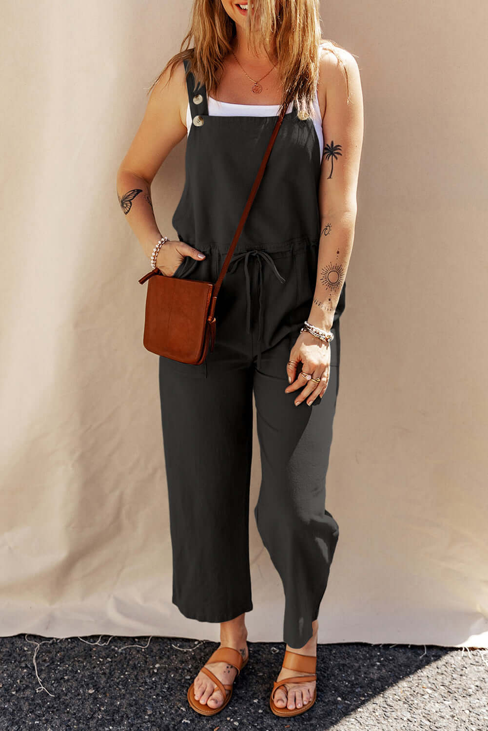 Modern Edge: Cropped with Buttoned Straps & Drawstring Waist Jumpsuit