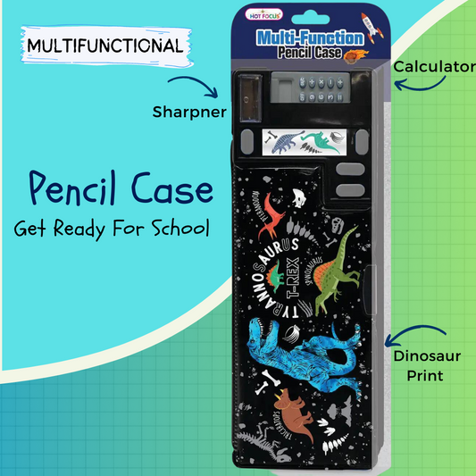 FOCUS Multi-Function Pencil Case -Pop Out Calculator and Pencil Sharpener (Dinosaur, Black) | GreenLifeHuman Emporium
