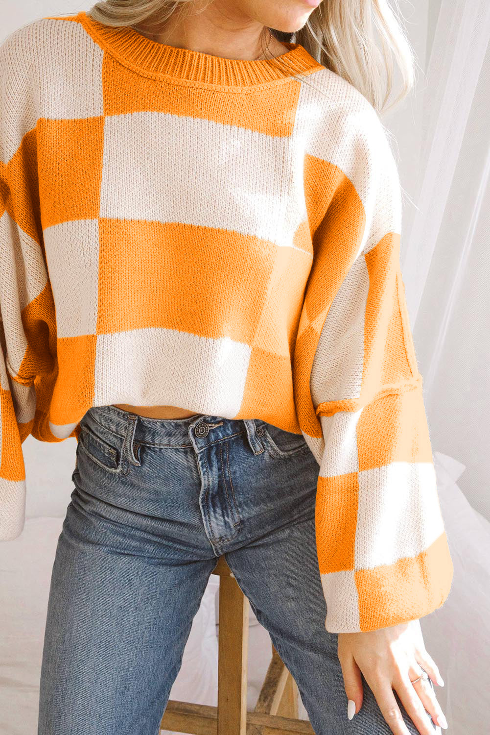 Checkered Bishop Sleeve Acrylic Knit Sweater