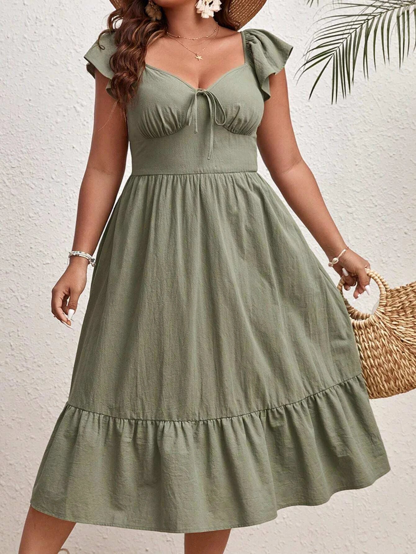 Elegant Summer Plus Size Dress - Sweetheart Neckline & Tie Cap Sleeves