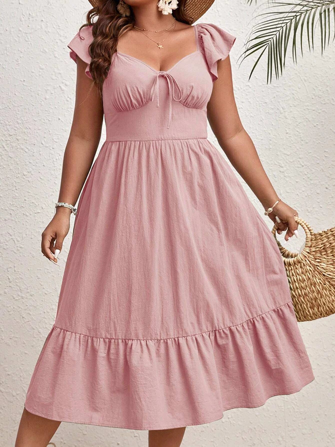 Elegant Summer Plus Size Dress - Sweetheart Neckline & Tie Cap Sleeves