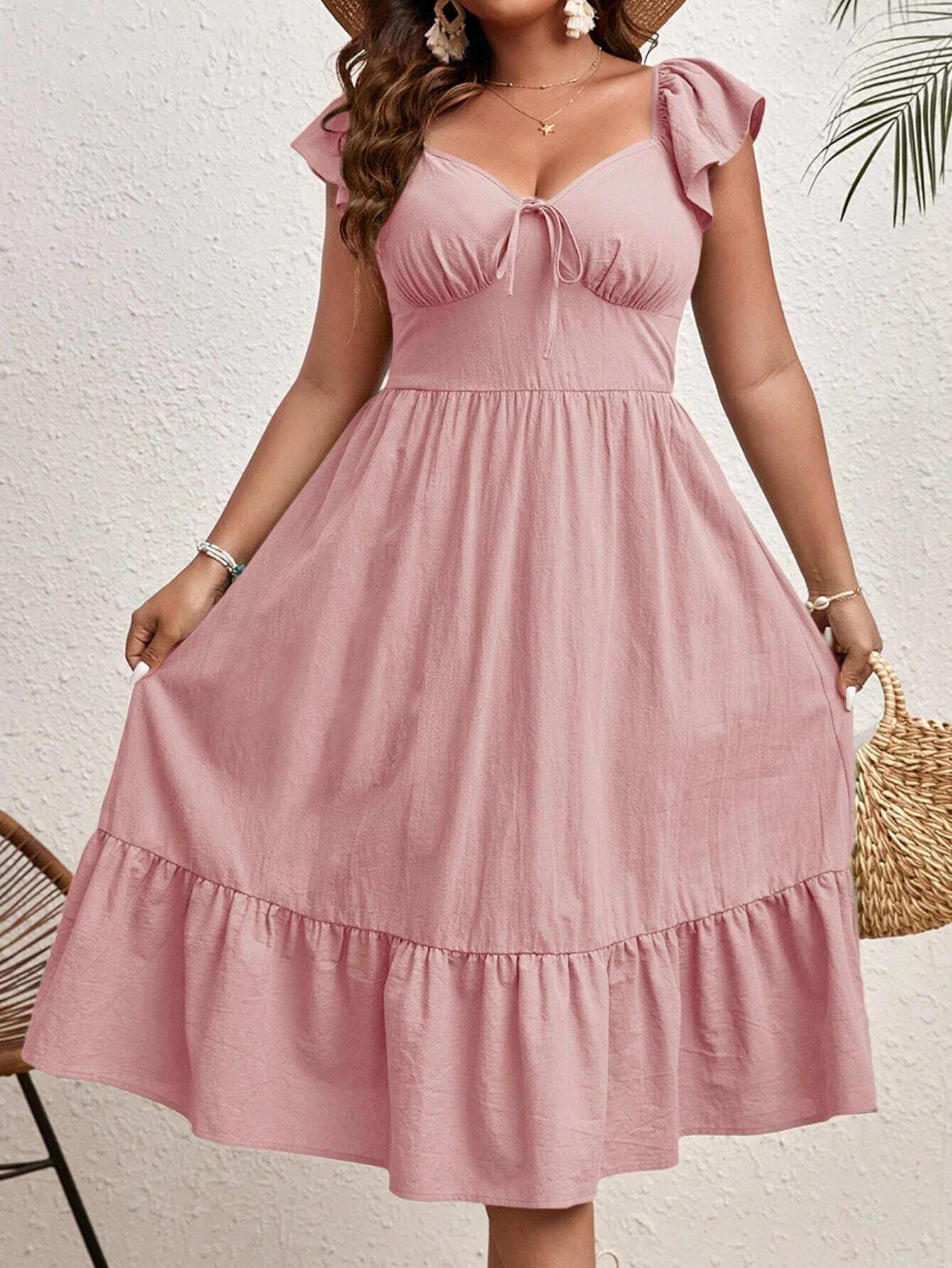 Elegant Summer Plus Size Dress - Sweetheart Neckline & Tie Cap Sleeves