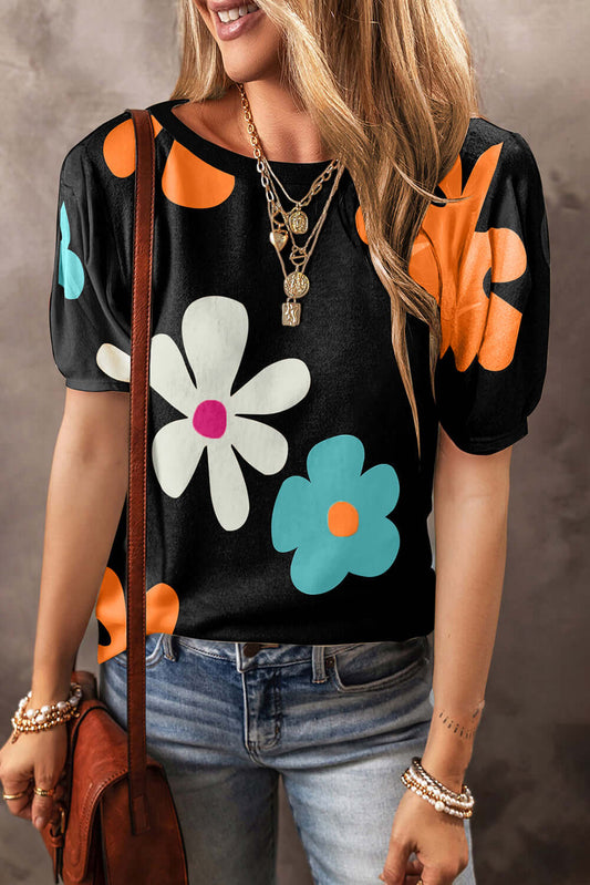 Blossom Breeze: Chic Floral Charm Bubble Sleeve Tops