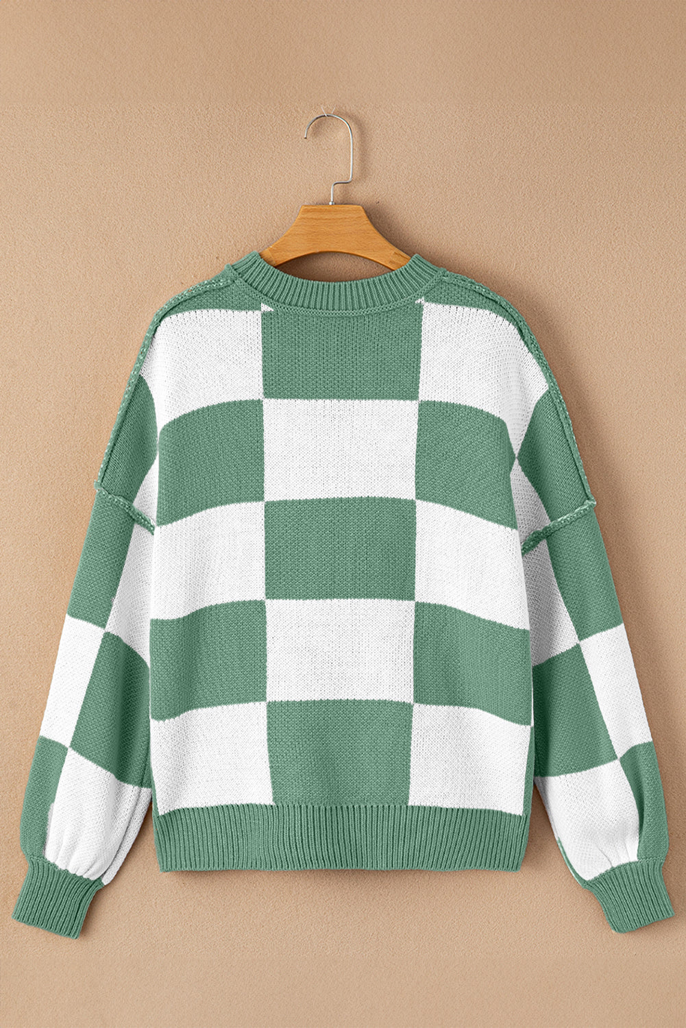 Checkered Bishop Sleeve Acrylic Knit Sweater