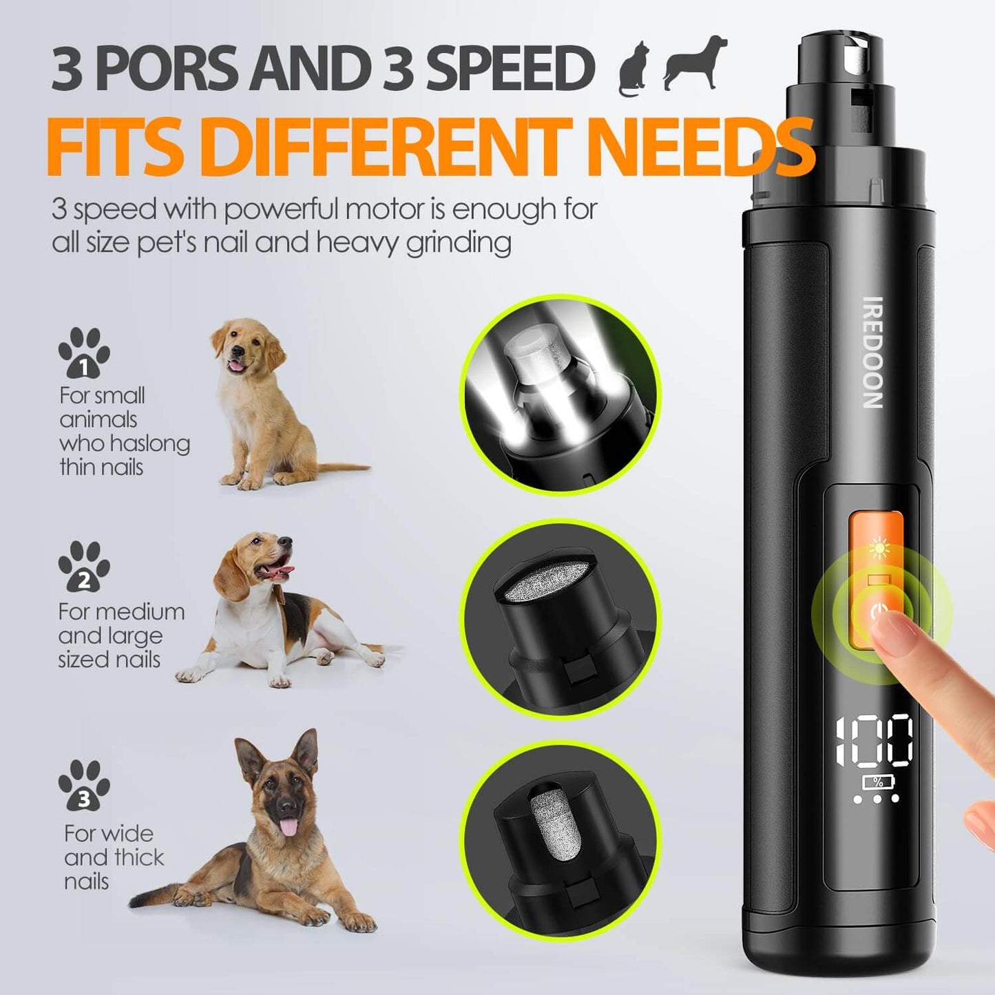 3-Speed Electric Dog Nail Grinder with LED Lights