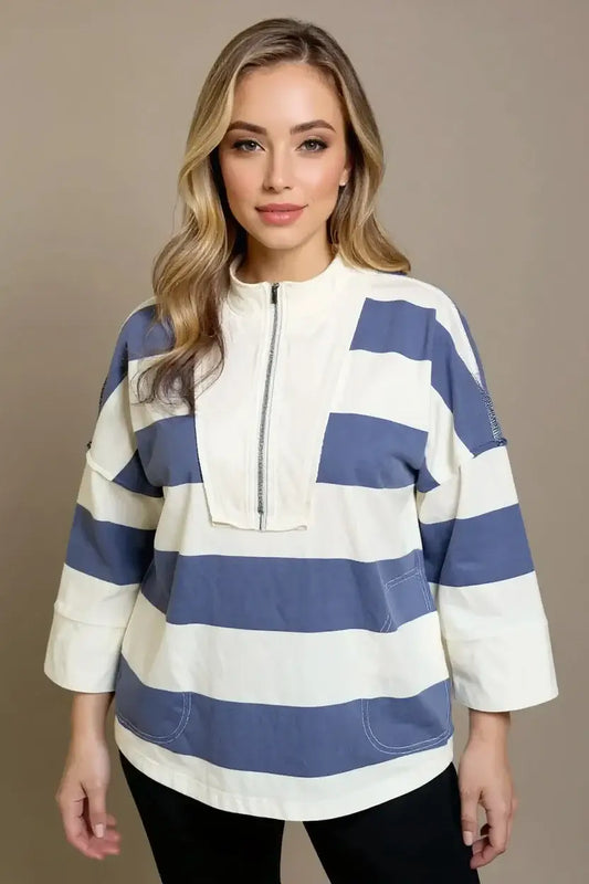 Stripe Luxe: Pima Cotton Half Zip Mock Neck Top