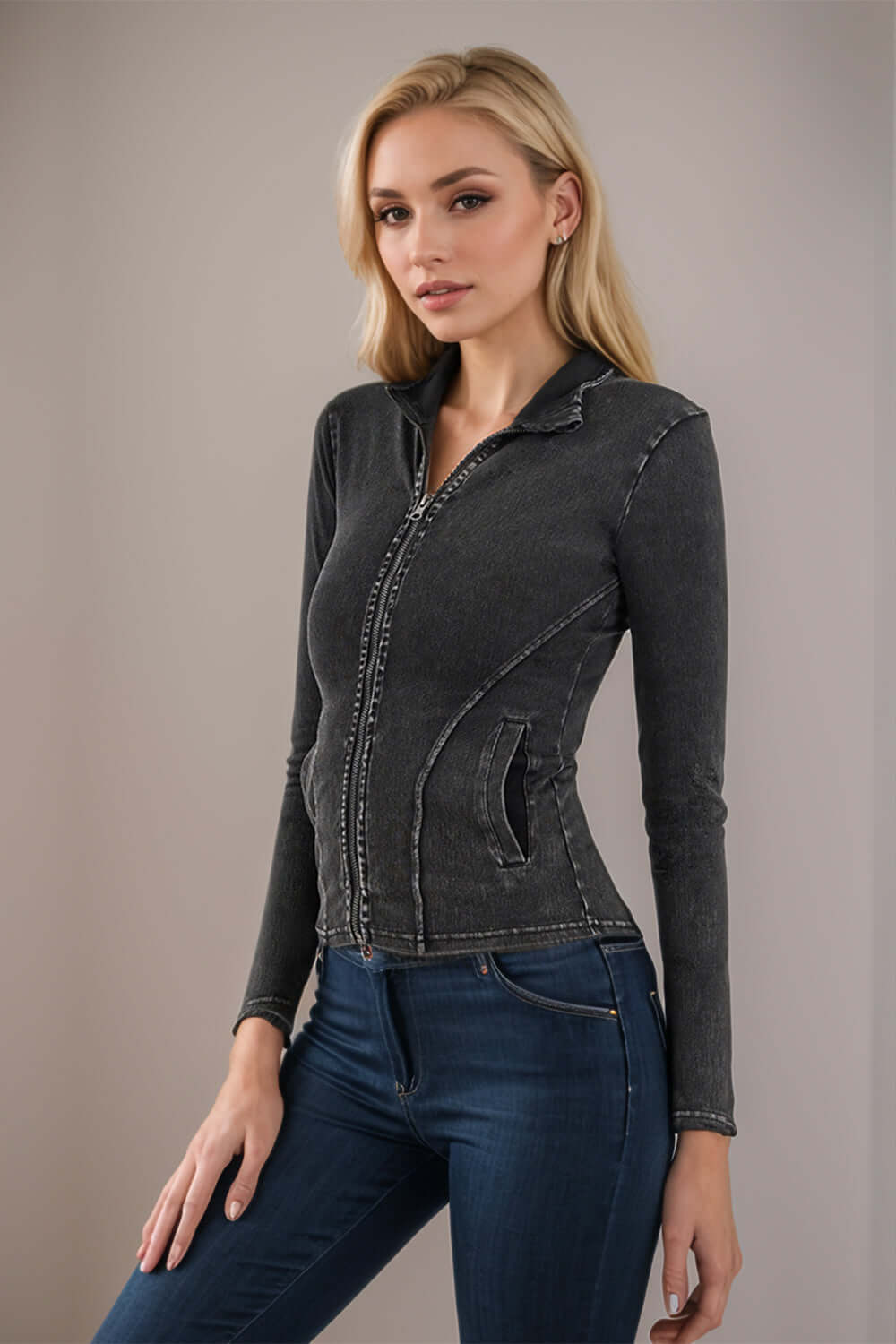 Urban Edge: Turtleneck Denim Zip-Up with Pockets