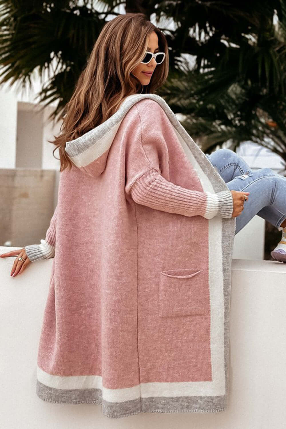 Cozy Contrast: Hooded Long Sleeve Cardigan with Pockets