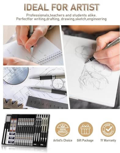 Drawing & Sketching Essentials: 35-Piece Mechanical Pencil Set with Leads and Refills Case (Gold)