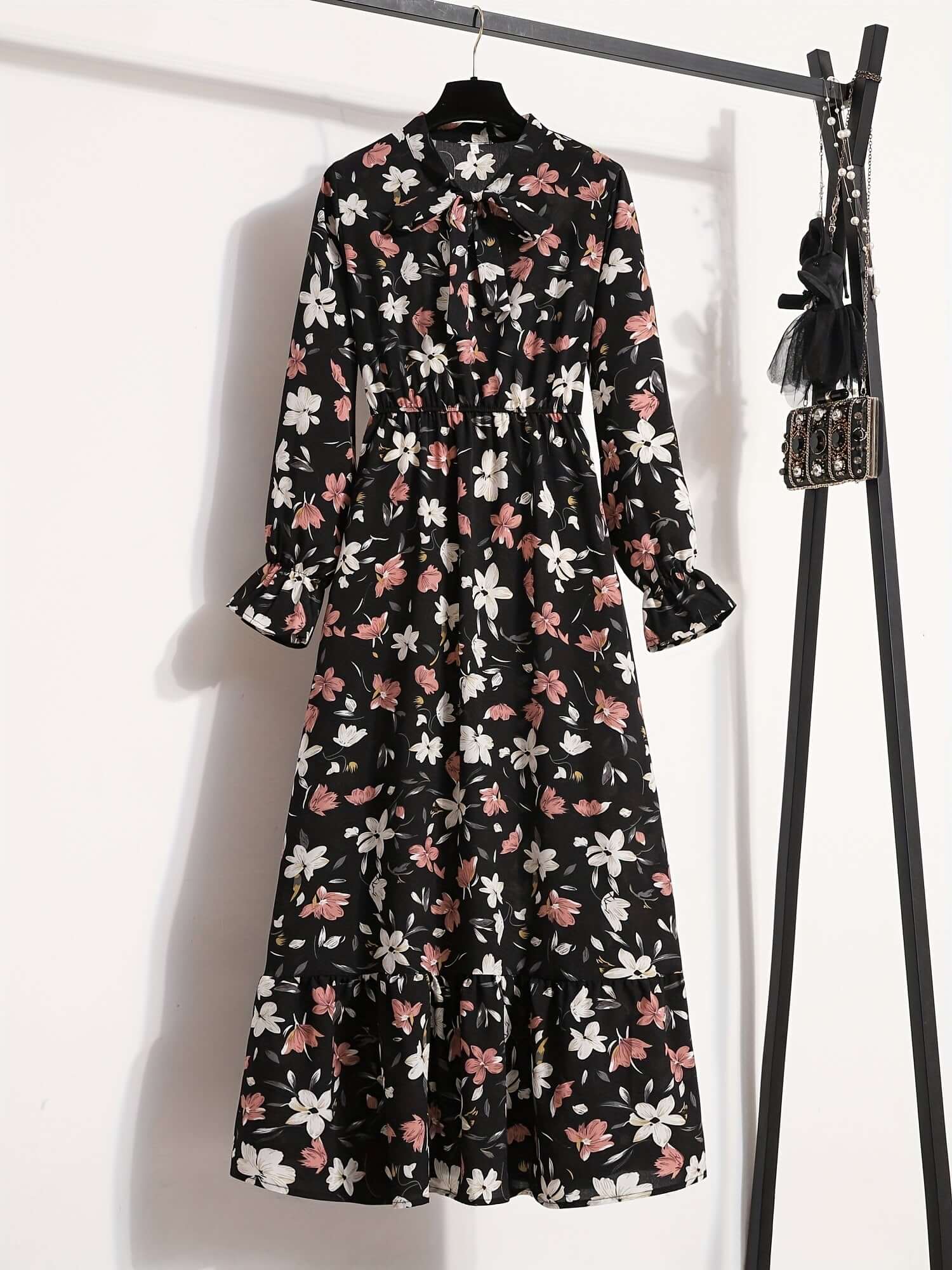 Tropical Breeze: Floral Print Tie Neck Long Sleeve Dress