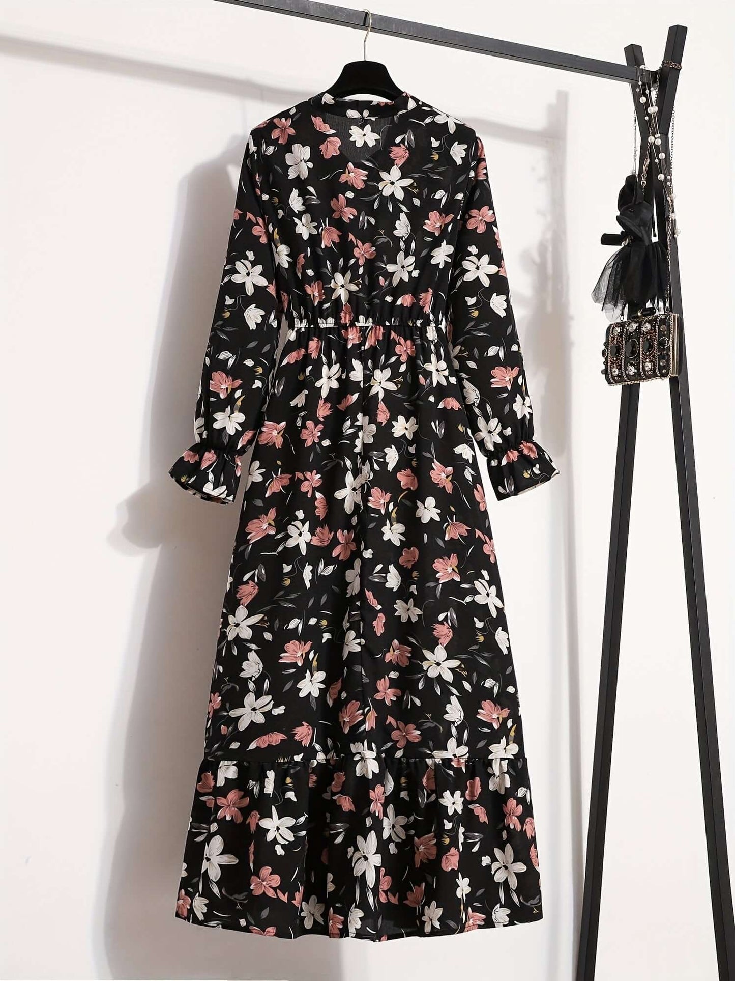 Tropical Breeze: Floral Print Tie Neck Long Sleeve Dress