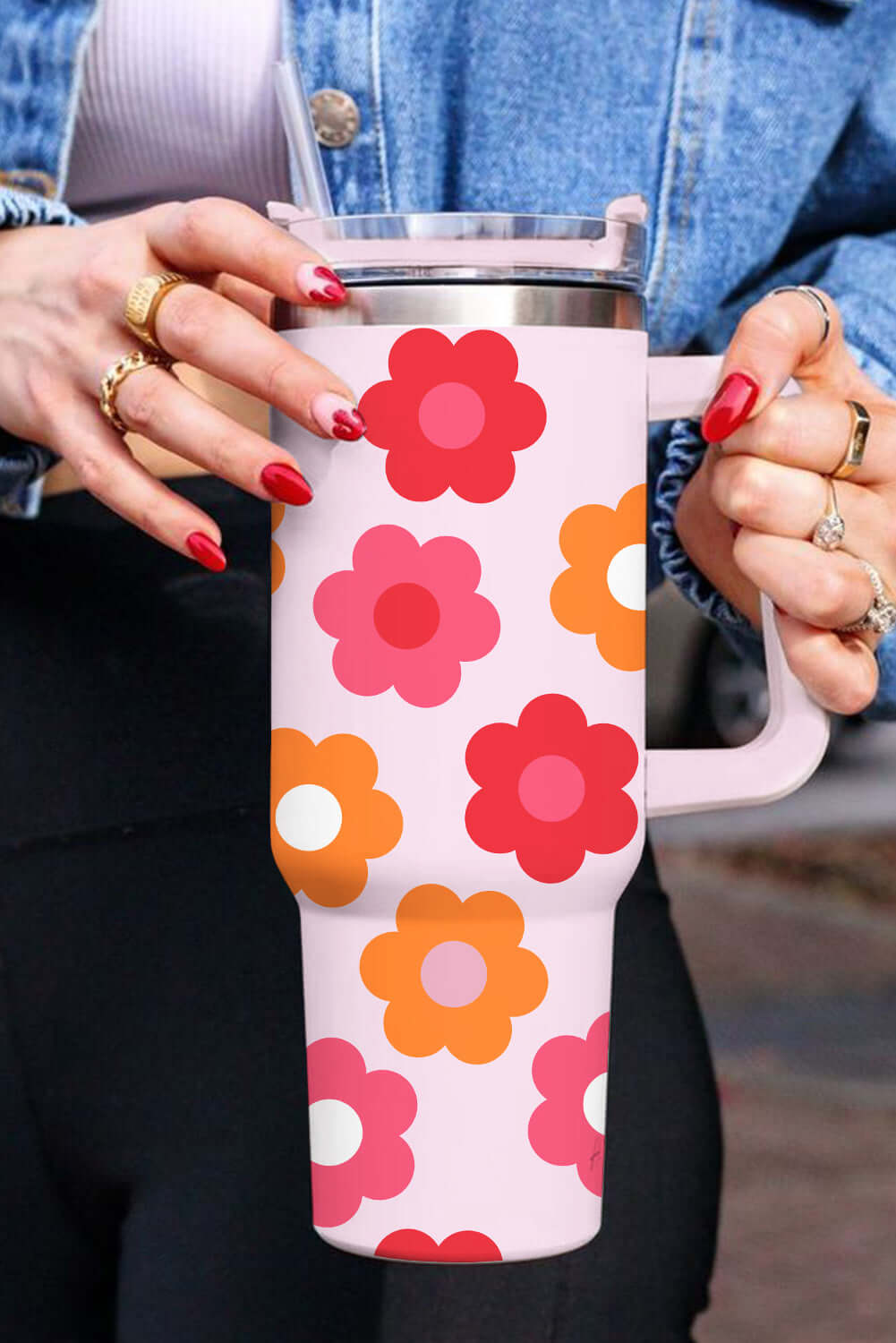 Vibrant Blossom: 40oz Multicolor Flower Print Stainless Steel Vacuum Cup