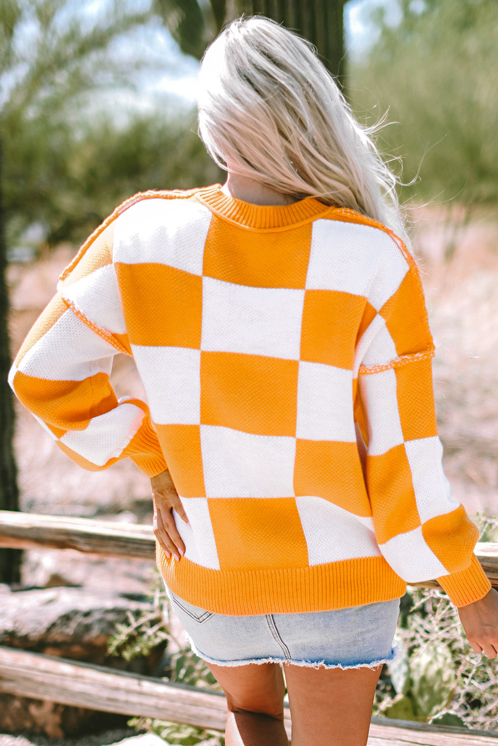 Checkered Bishop Sleeve Acrylic Knit Sweater