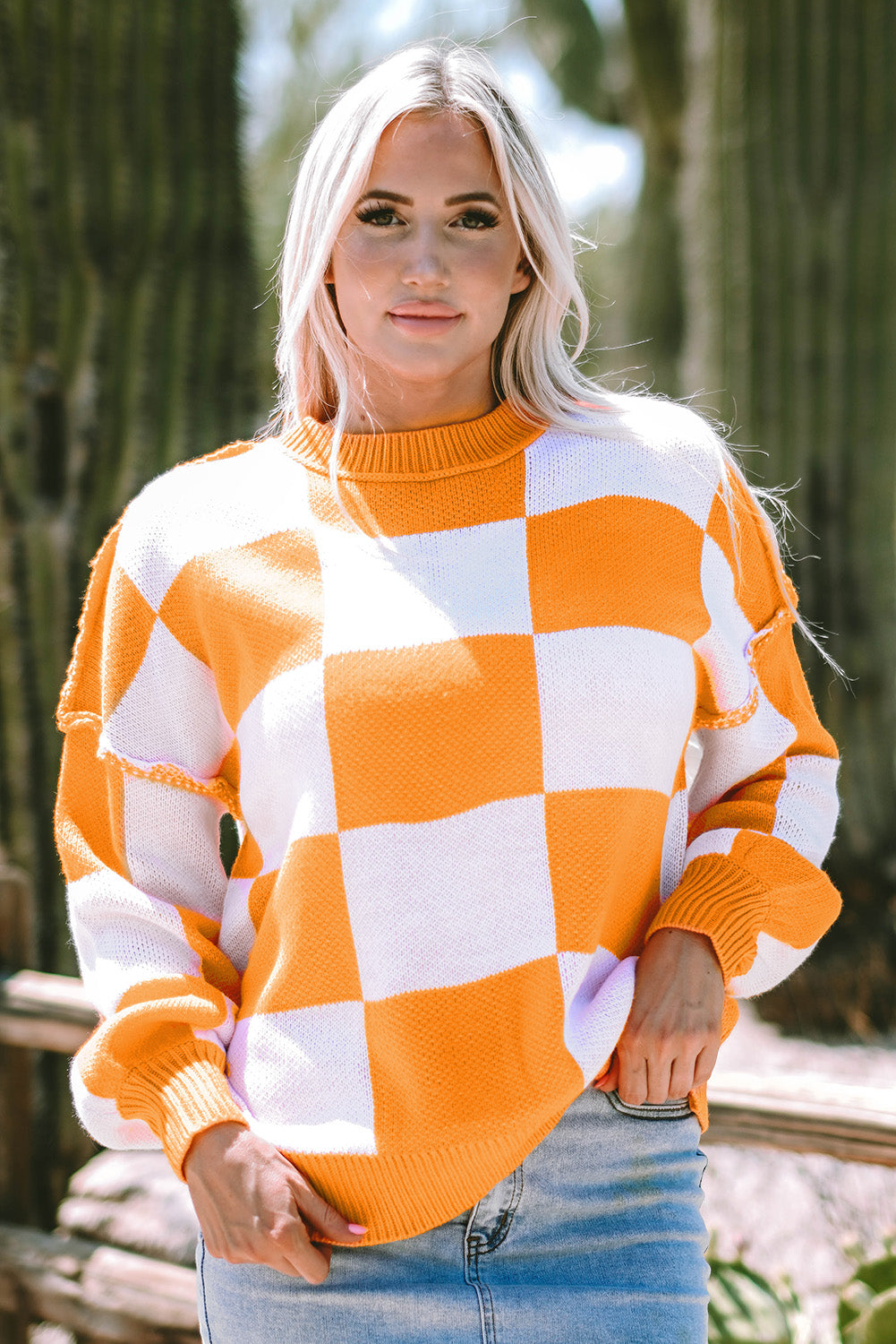 Checkered Bishop Sleeve Acrylic Knit Sweater