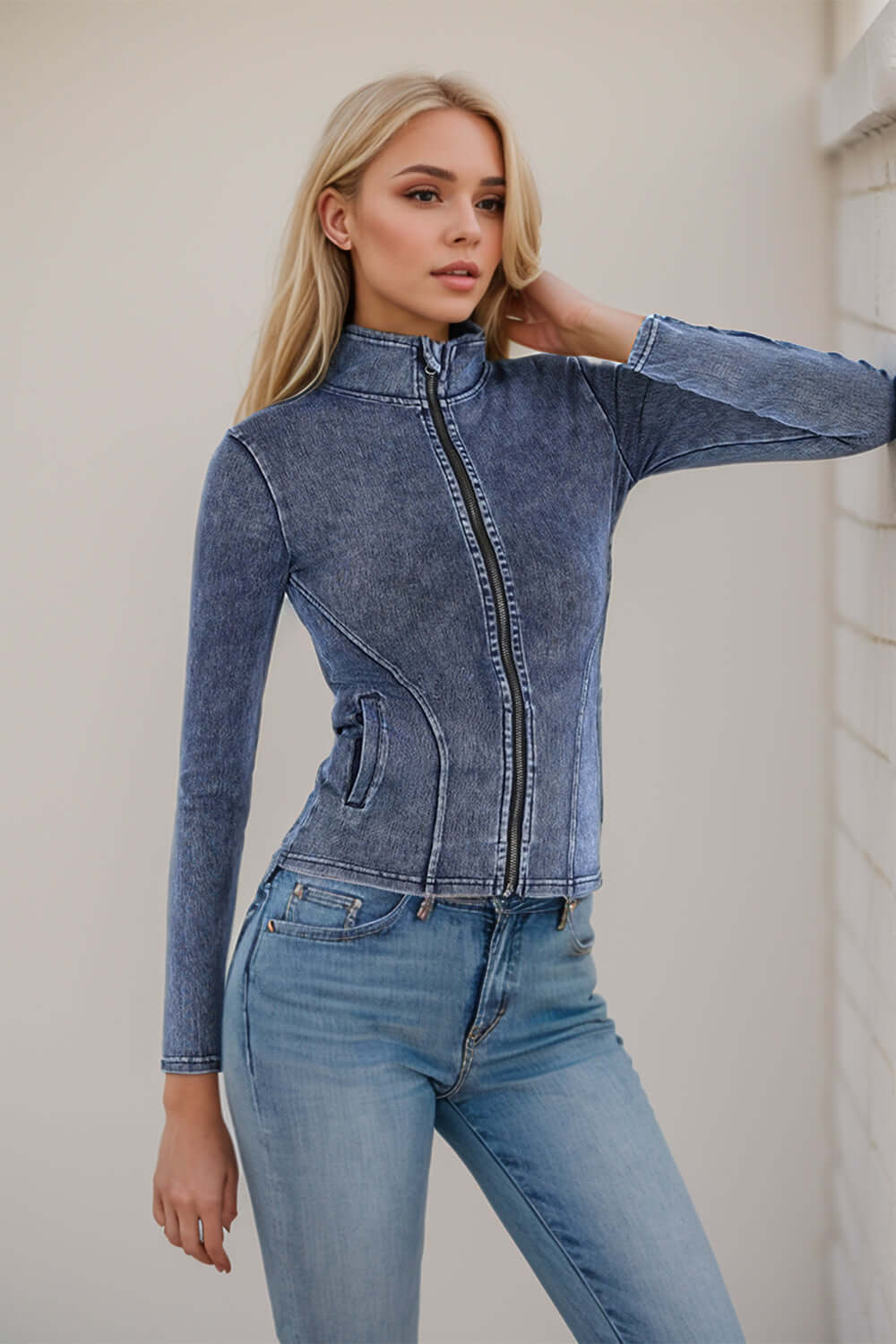 Urban Edge: Turtleneck Denim Zip-Up with Pockets