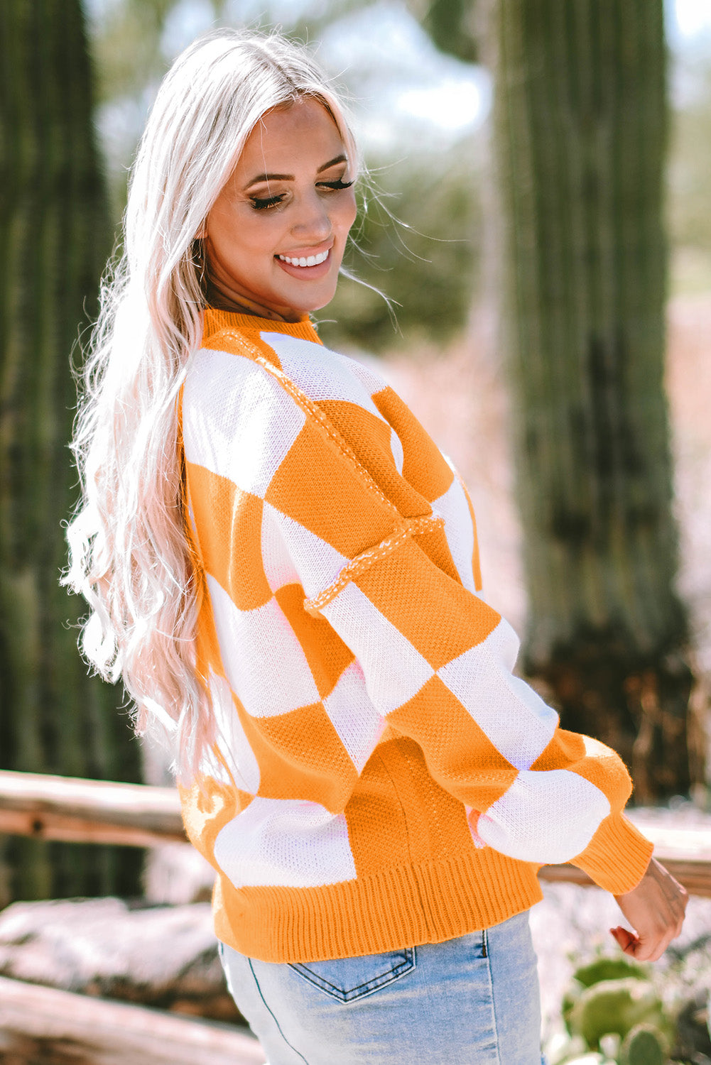 Checkered Bishop Sleeve Acrylic Knit Sweater