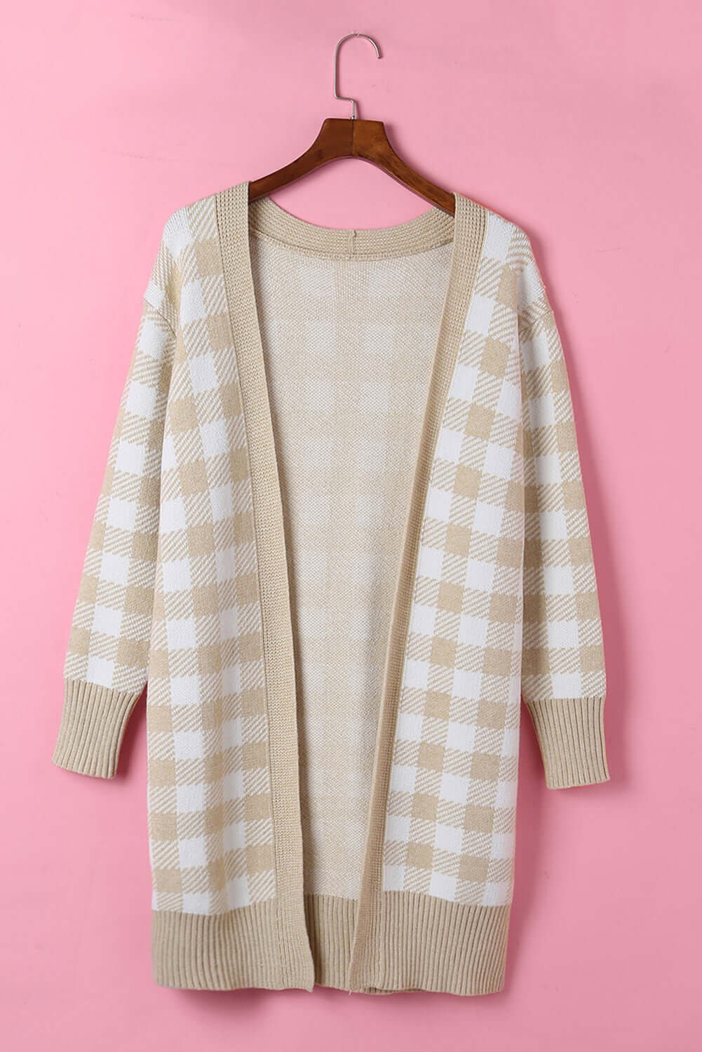 Chic in Khaki: Essential Front Open Plaid Long Cardigan