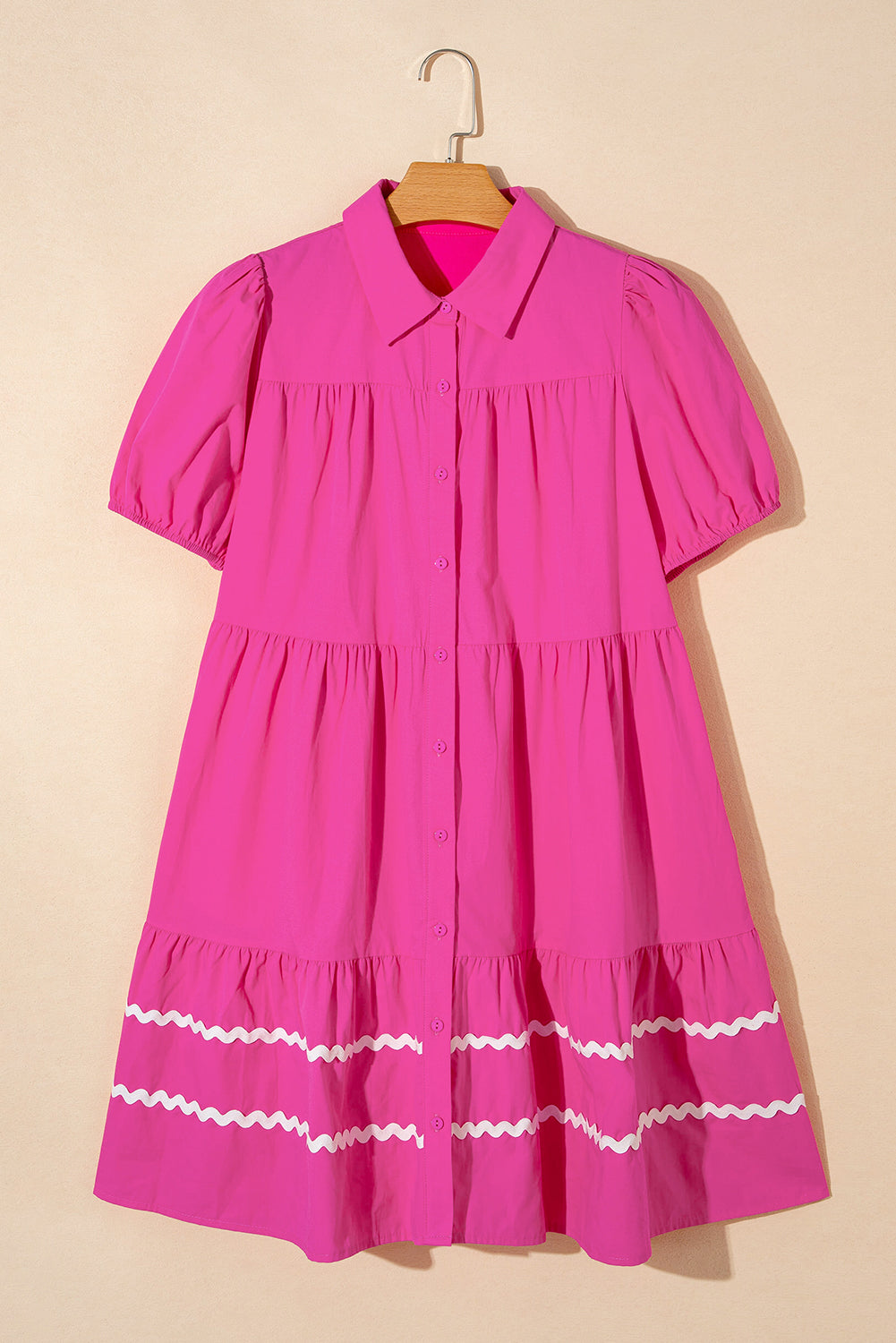 Vintage Charm: Ric-Rac Detailing Rose Red Puff Sleeve Shirt Dress