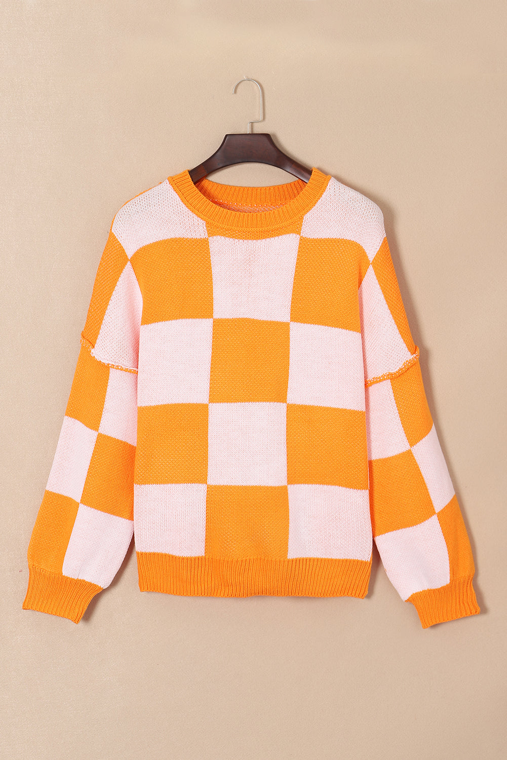 Checkered Bishop Sleeve Acrylic Knit Sweater