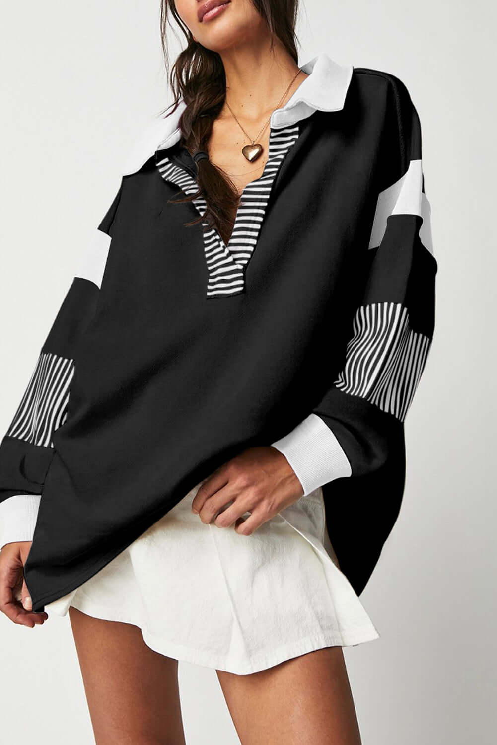 Bold Contrast: Striped Colorblock Collar Sweatshirt