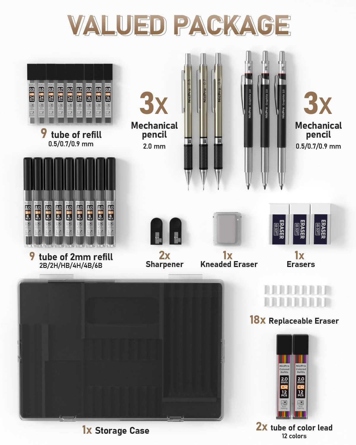 Drawing & Sketching Essentials: 35-Piece Mechanical Pencil Set with Leads and Refills Case (Black)