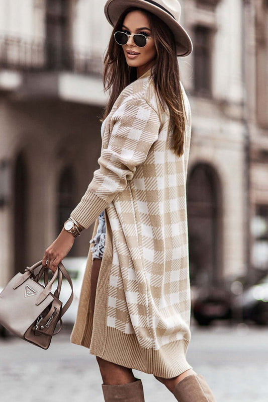 Chic in Khaki: Essential Front Open Plaid Long Cardigan