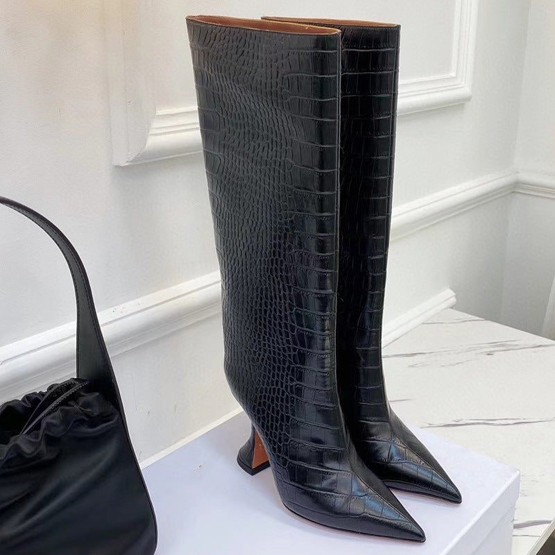 Snake pattern wine glass pointed high heeled women's boots | GreenLifeHuman Emporium