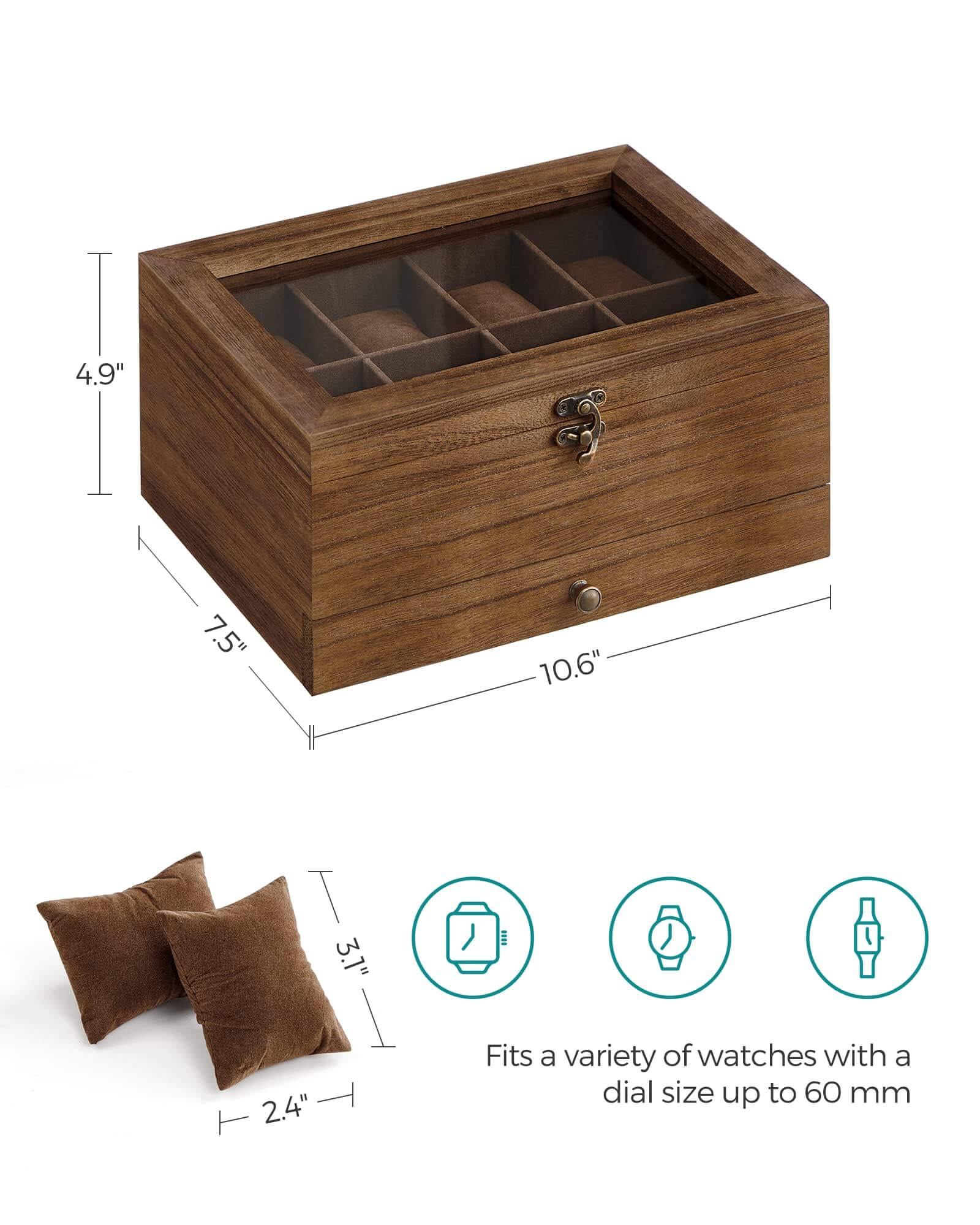 8-Slot Wooden Watch Box with Glass Lid & Velvet Lining