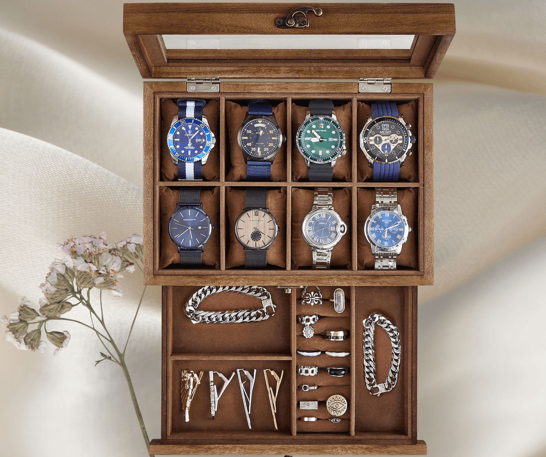 8-Slot Wooden Watch Box with Glass Lid & Velvet Lining