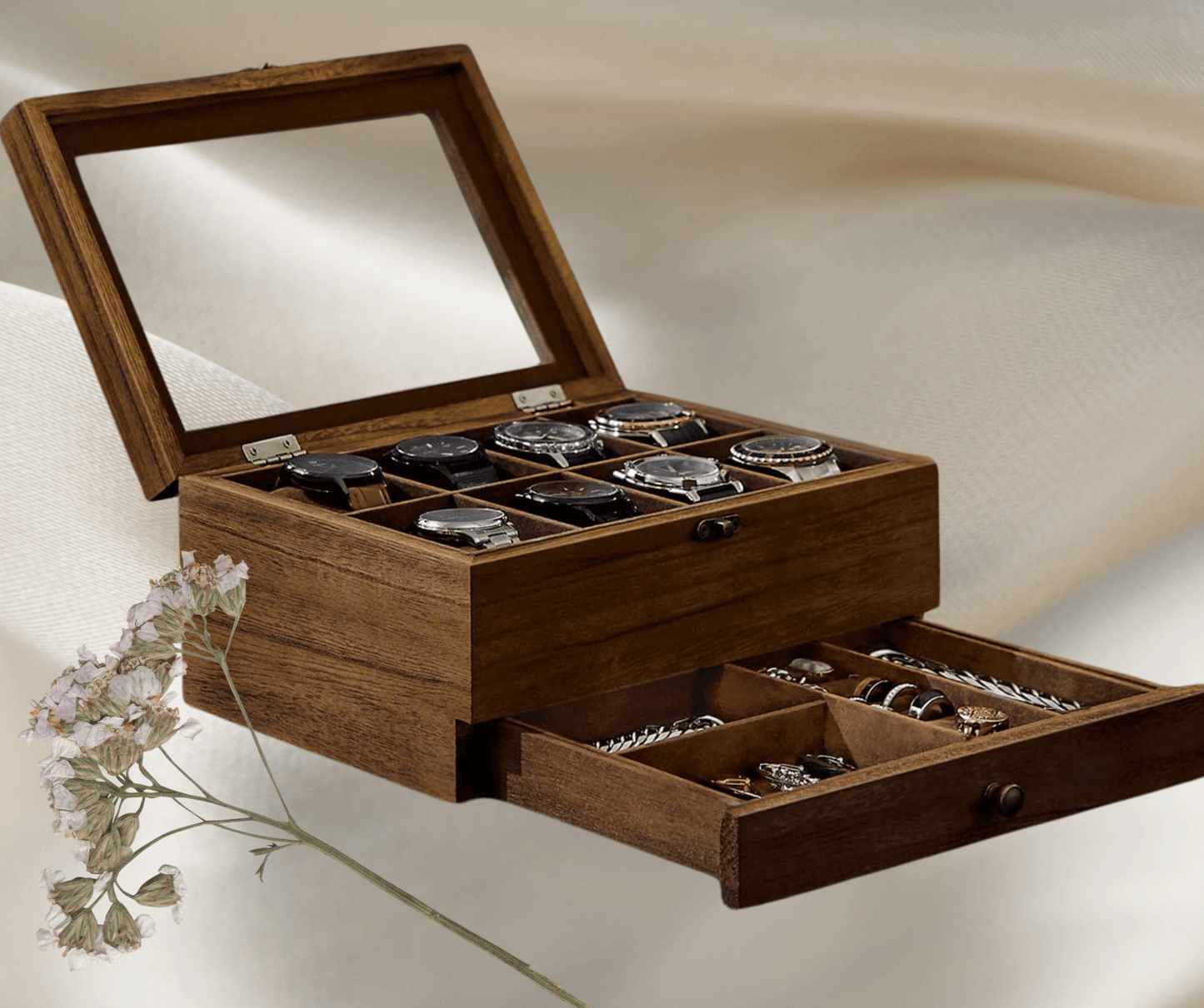 8-Slot Wooden Watch Box with Glass Lid & Velvet Lining