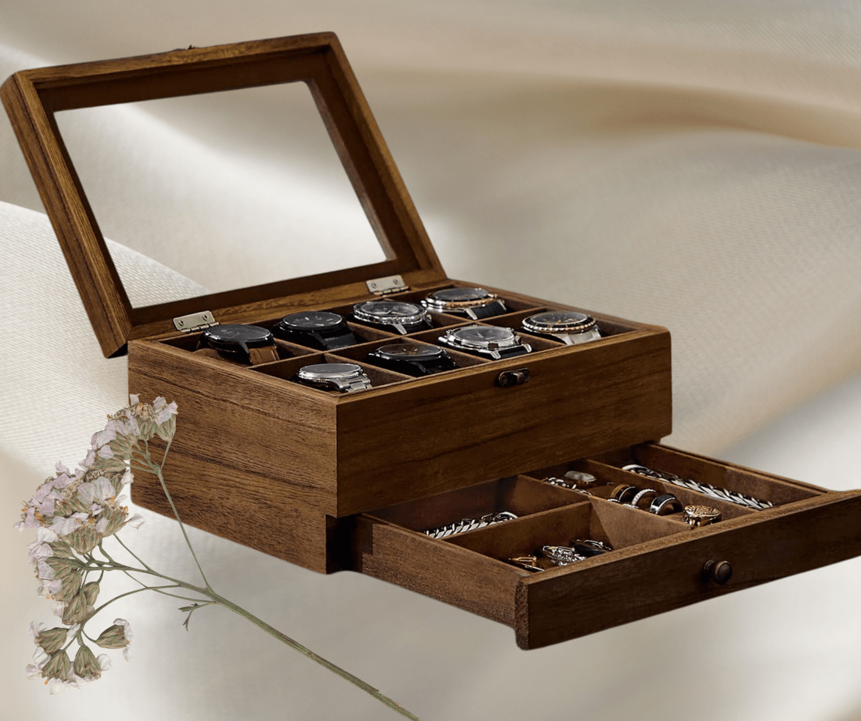 8-Slot Wooden Watch Box with Glass Lid & Velvet Lining