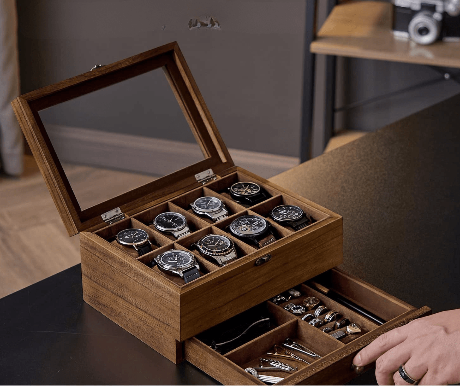 8-Slot Wooden Watch Box with Glass Lid & Velvet Lining