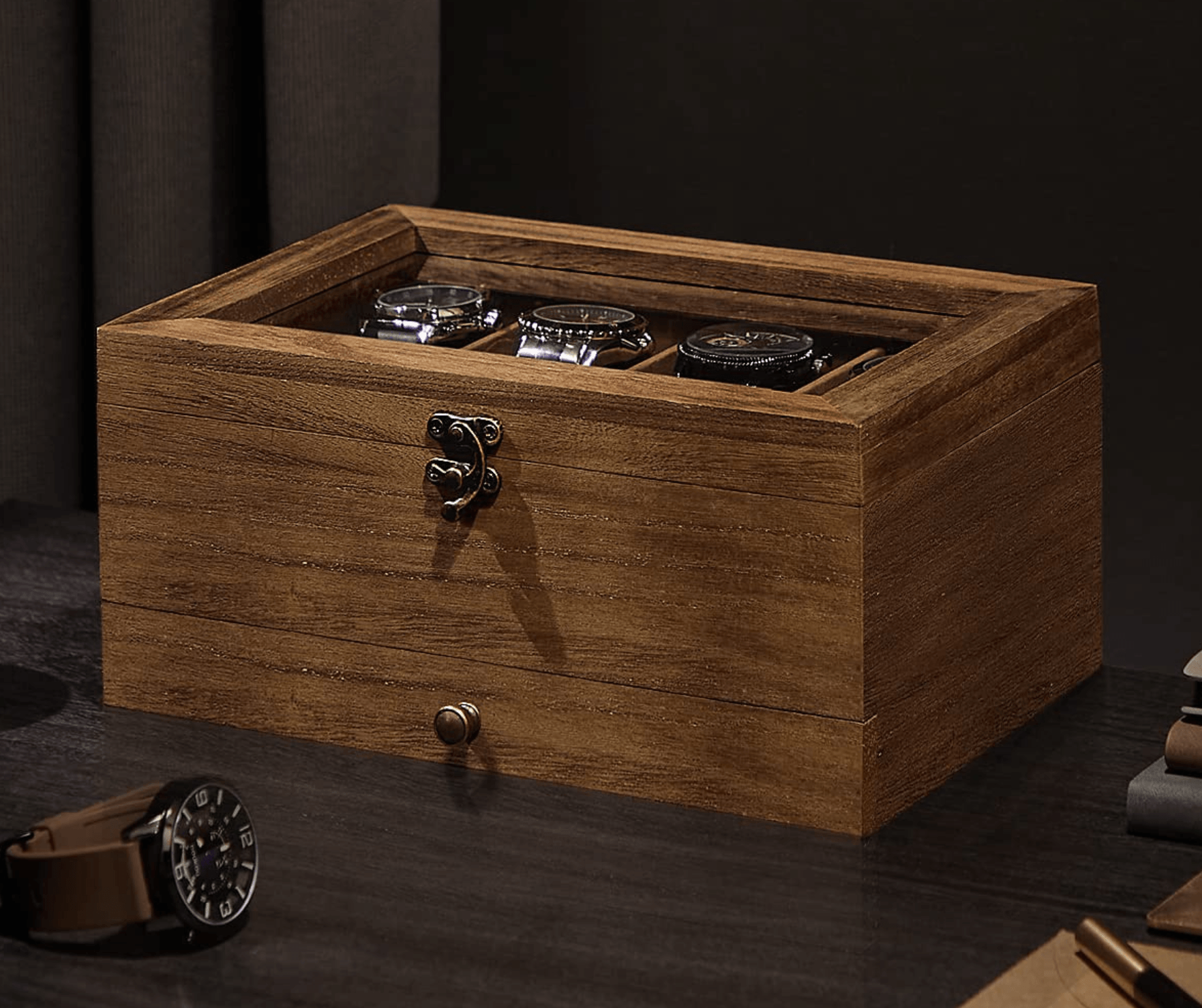 8-Slot Wooden Watch Box with Glass Lid & Velvet Lining