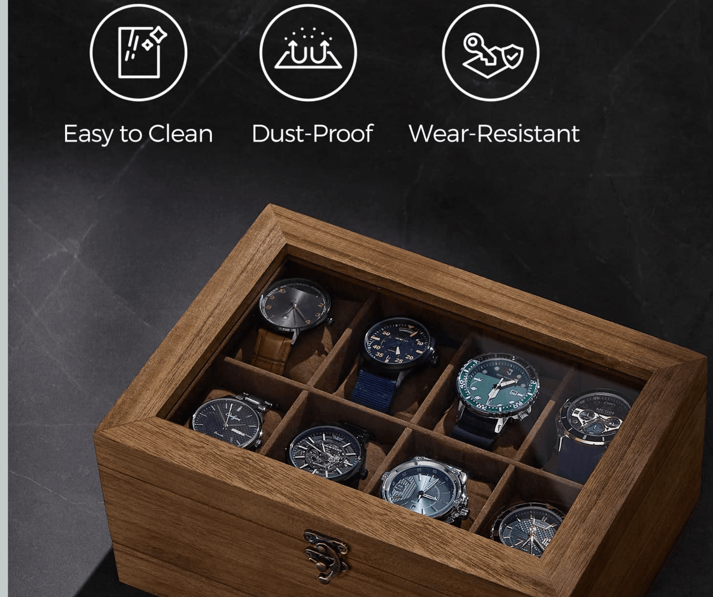 8-Slot Wooden Watch Box with Glass Lid & Velvet Lining