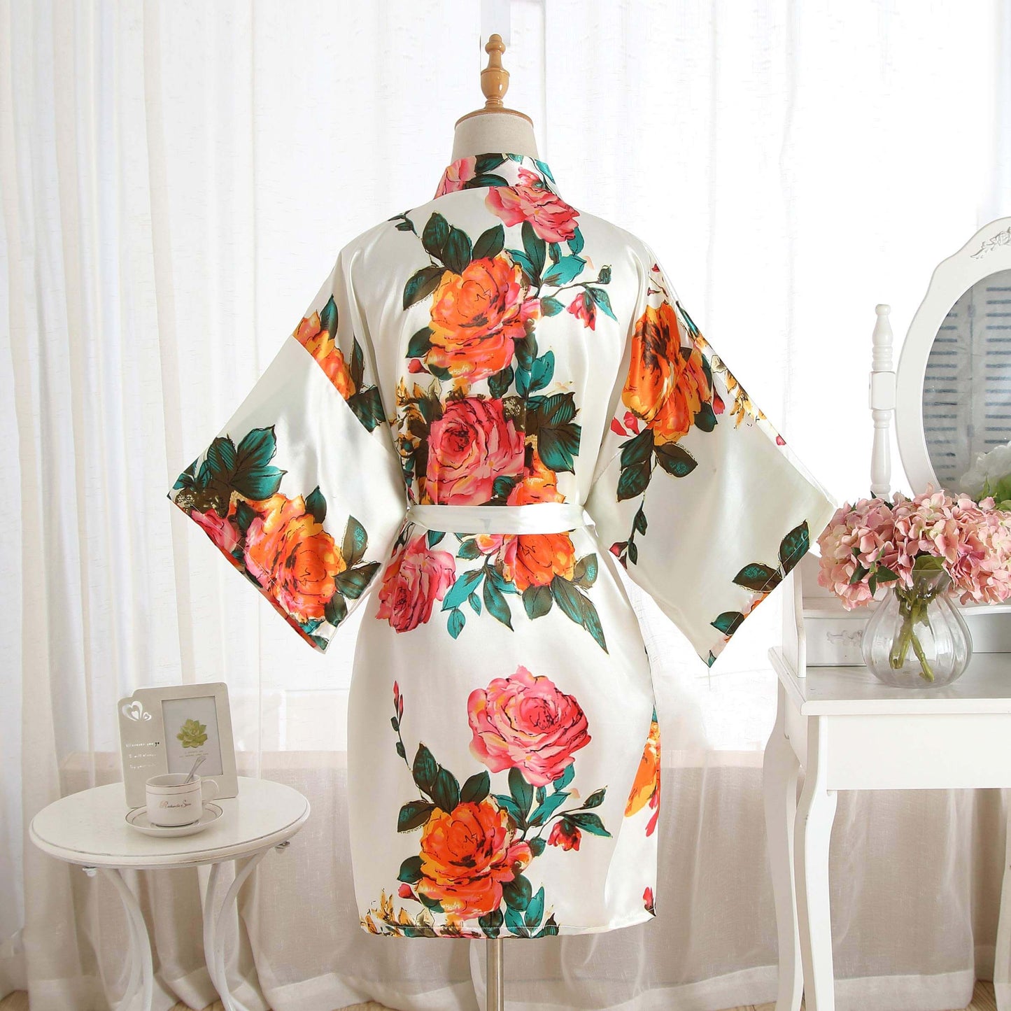 Ethereal Elegance: Peony Floral Silk Kimono Robe