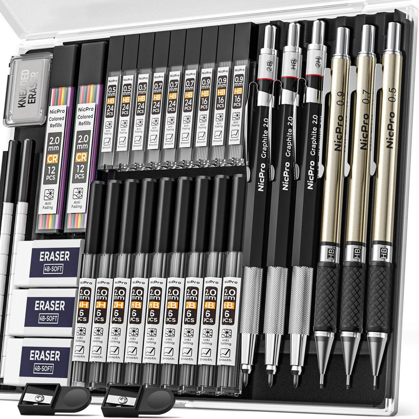 Drawing & Sketching Essentials: 35-Piece Mechanical Pencil Set with Leads and Refills Case (Black)