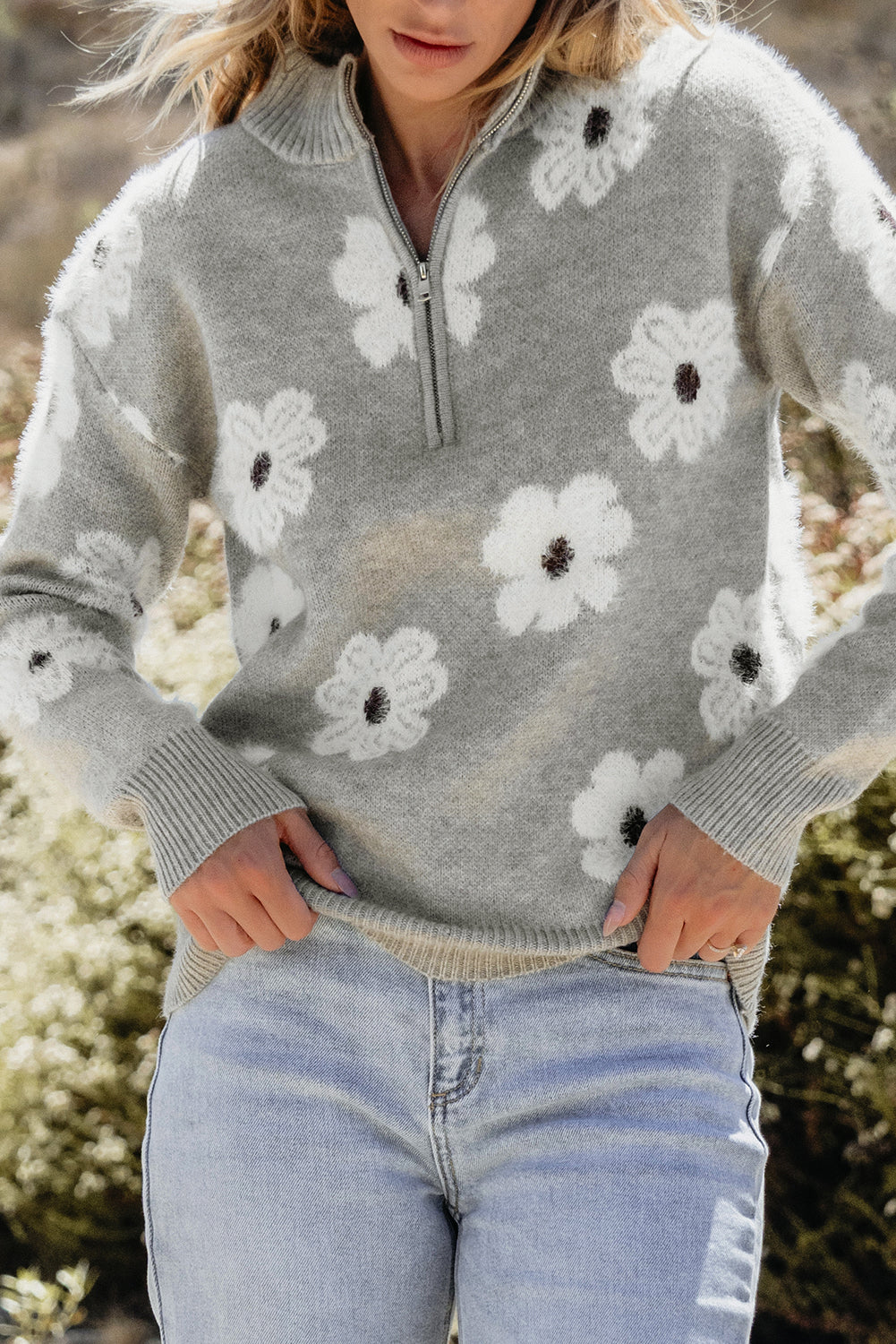 Bloom in Style: Floral Half-Zip Drop Shoulder Sweater