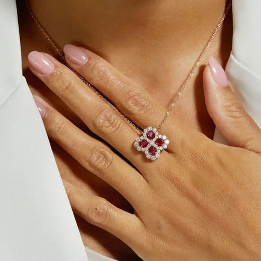 925 Sterling Silver Flower Necklace with Lab-Grown Ruby
