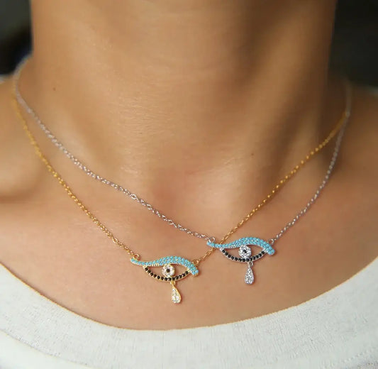 925 Sterling Silver Turkish Evil Eye Drop Necklace with CZ