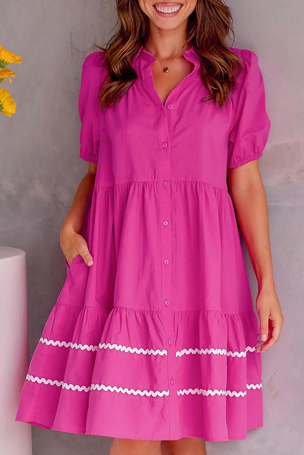 Vintage Charm: Ric-Rac Detailing Rose Red Puff Sleeve Shirt Dress