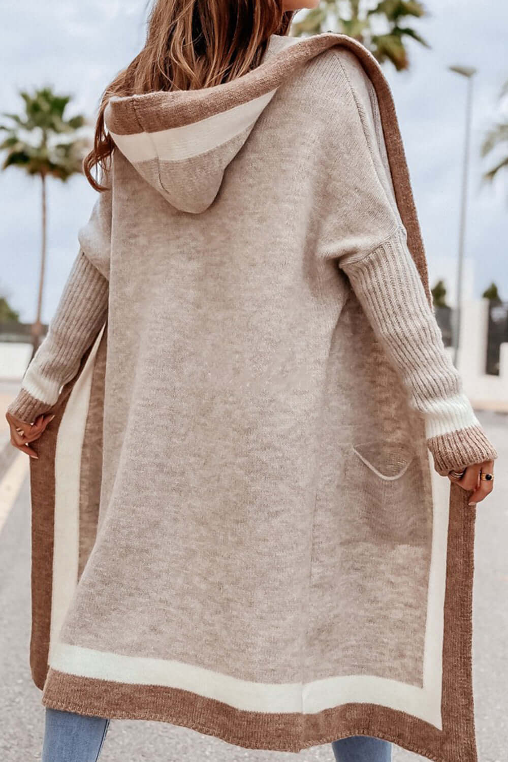 Cozy Contrast: Hooded Long Sleeve Cardigan with Pockets