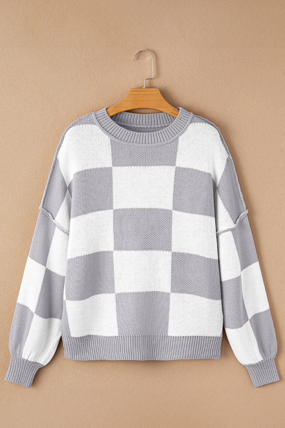 Checkered Bishop Sleeve Sweater 100 Acrylic