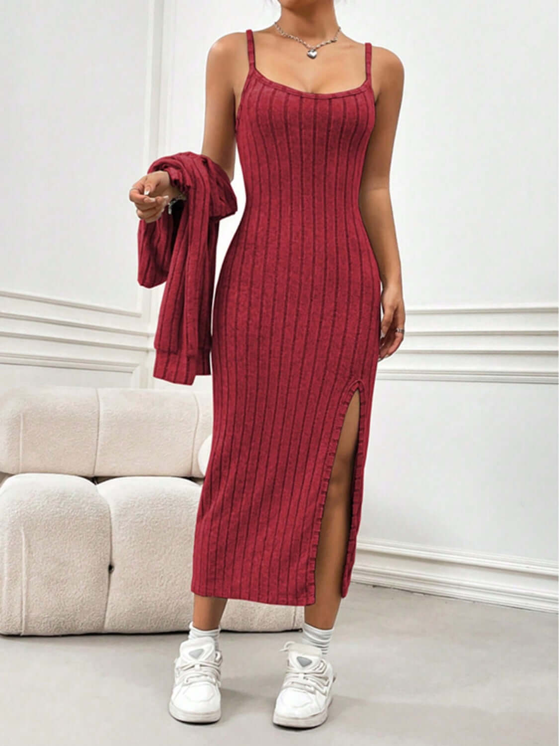 Cozy Glam: Ribbed Cardigan & Slit Cami Dress Set