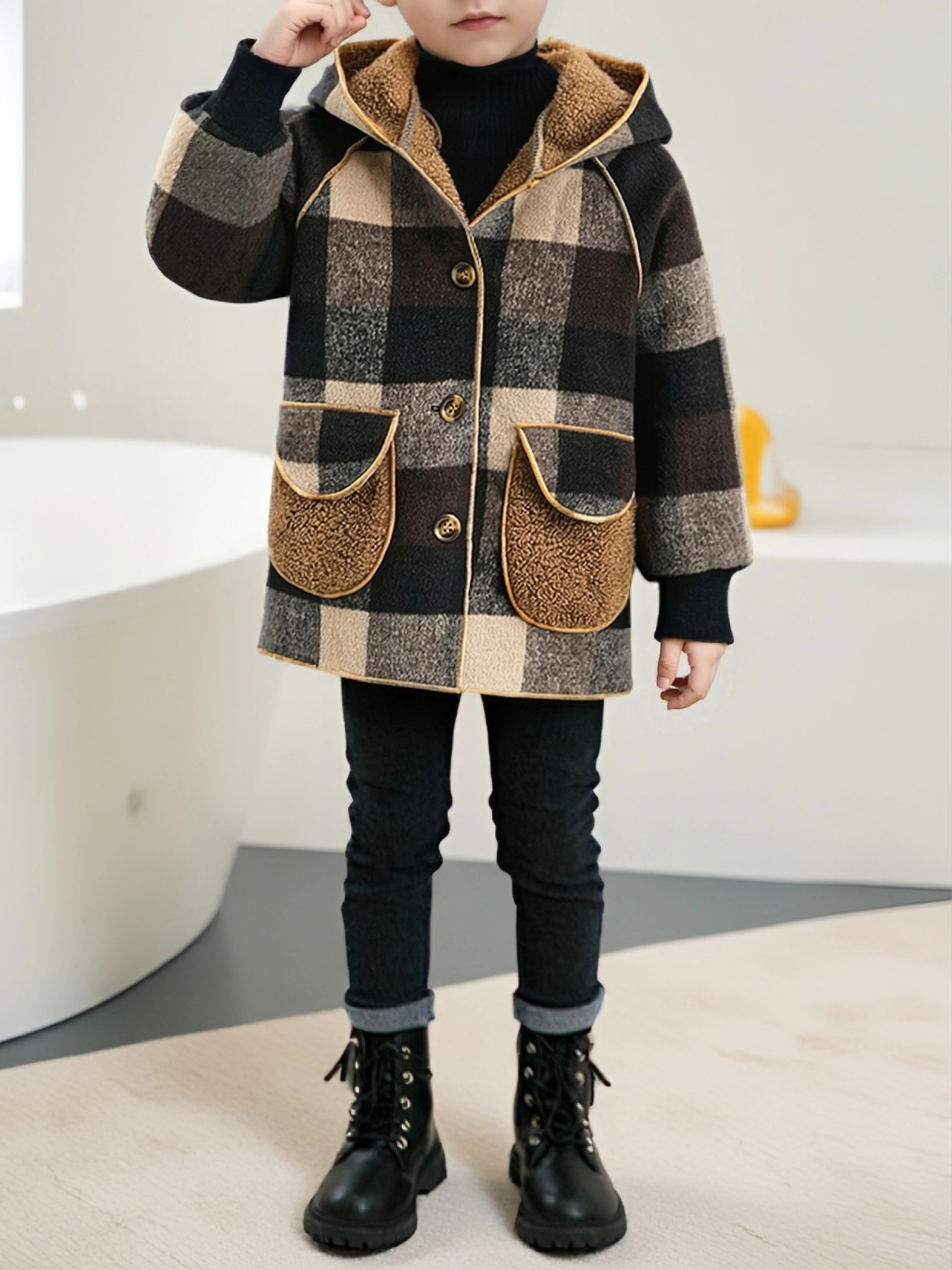 Kids Plaid Hooded Jacket – Plush Lined Winter Coat