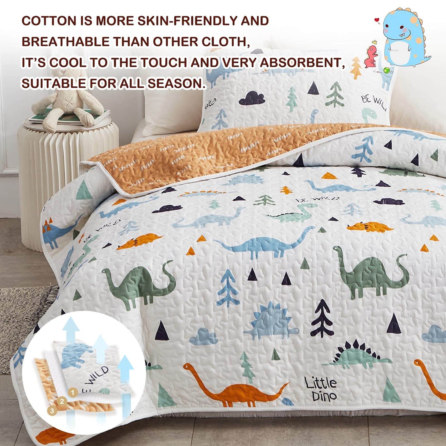All-Season Dino 2-Piece Reversible Cotton Quilt Set-Twin
