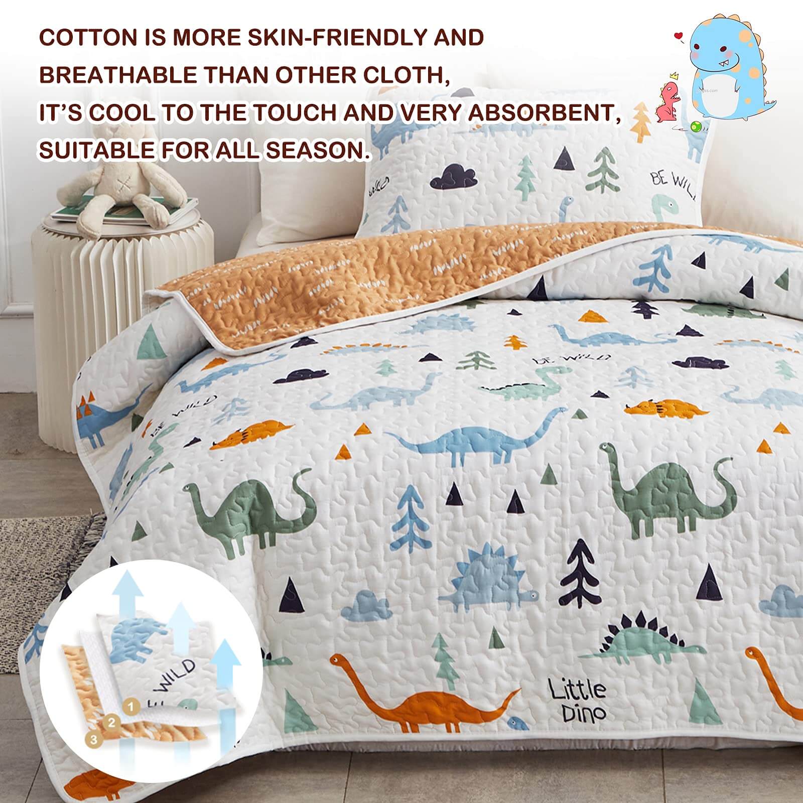 All-Season Dino 2-Piece Reversible Cotton Quilt Set-Twin