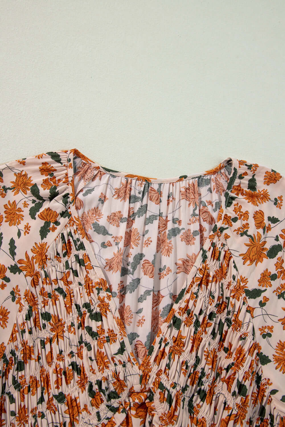 Beige Floral V Neck Smocked Babydoll Dress