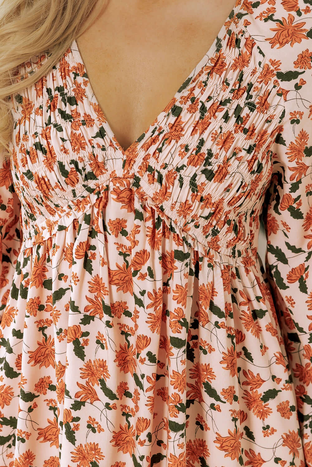 Beige Floral V Neck Smocked Babydoll Dress