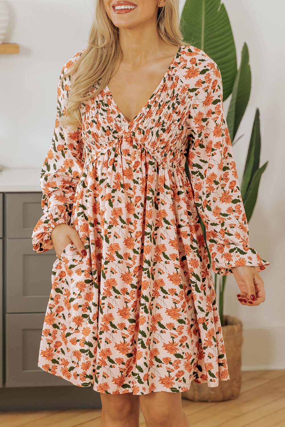 Beige Floral V Neck Smocked Babydoll Dress